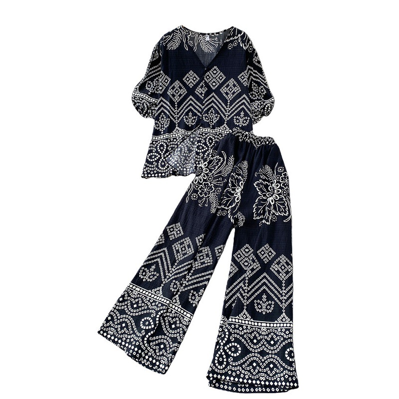 Women's French Style Commuter Cardigan V Neck Puff Sleeve Geometric Print Two Piece Set Casual Loose Fit Slimming Wide Leg Pants_ecoleips.com