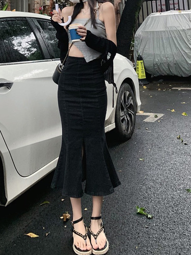 Vintage Cowboy Half-Body Skirt for Women, Autumn High-Waisted Slimming Split Medium-Length Personalized Bubble Butt Fish-Tail Skirt