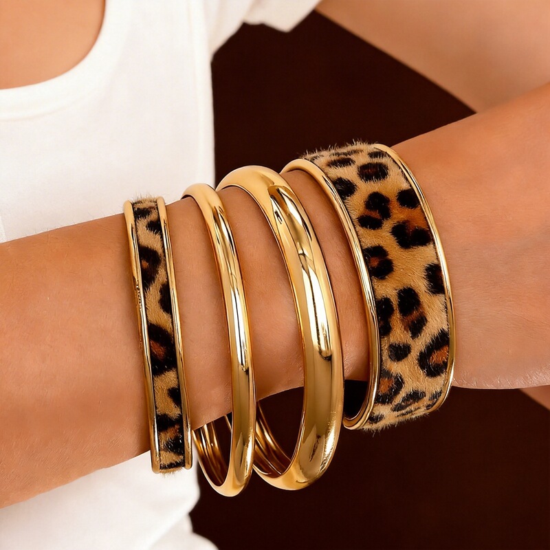 Cross-Border Metal Leopard Print Bracelet, Simple Plain Narrow Glossy Bracelet, Gold Fashion Women's Stackable Personalized Jewelry Set Cross-Border Metal Leopard Print Bracelet, Simple Plain Narrow Glossy Bracelet, Gold Fashion Women's Stackable Personalized Jewelry Set