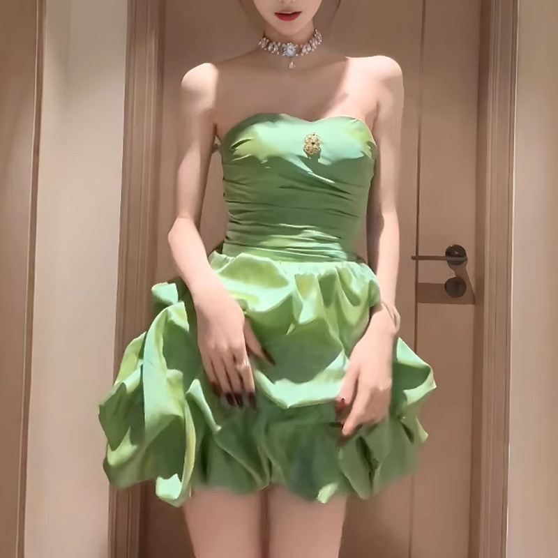 French Retro Elegant Green Strapless Bubble Skirt Women's Spring and Summer High-end Birthday Banquet Evening Dress dress