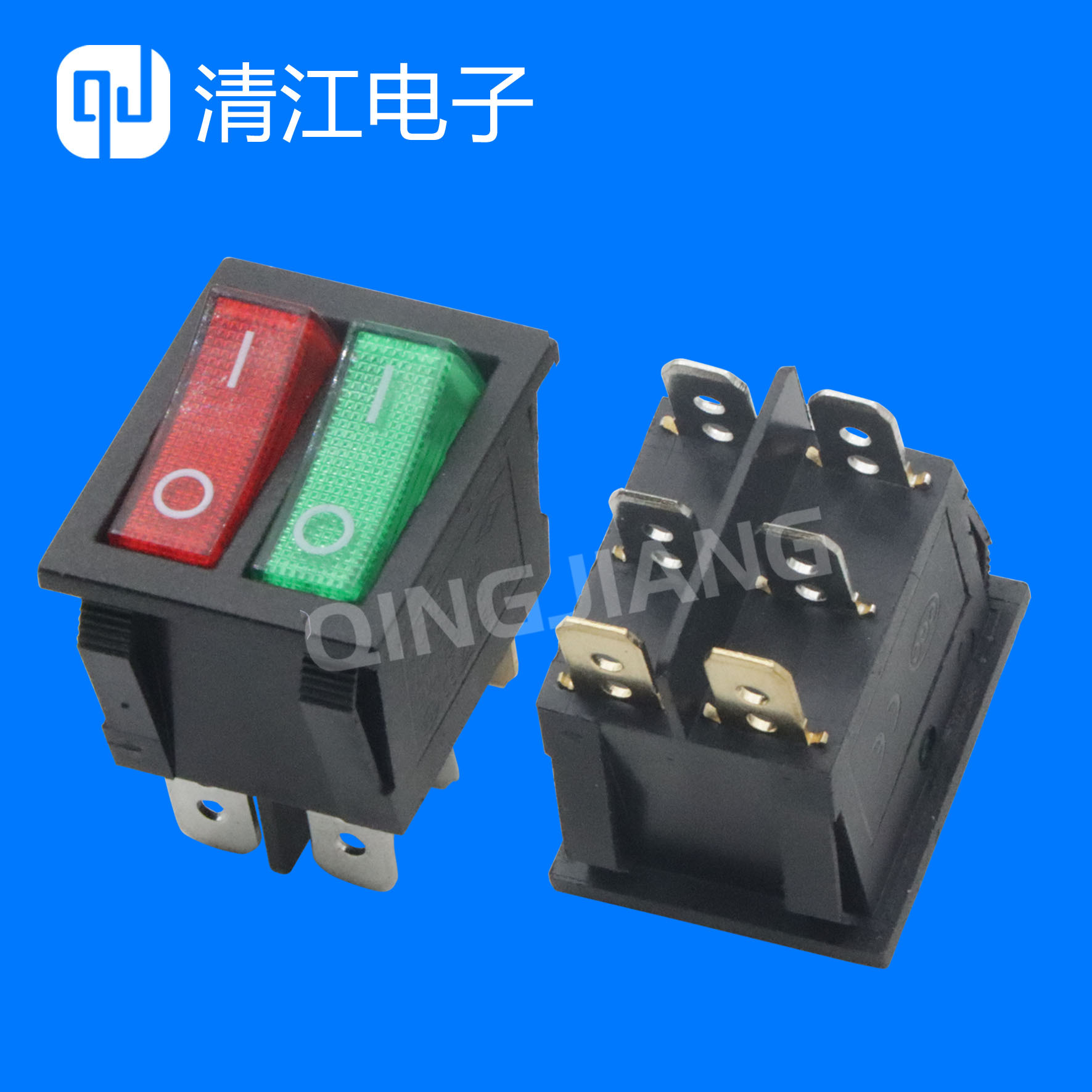 双联组合开关 KCD6 红绿双色带灯 六脚两档 双联船型开关
