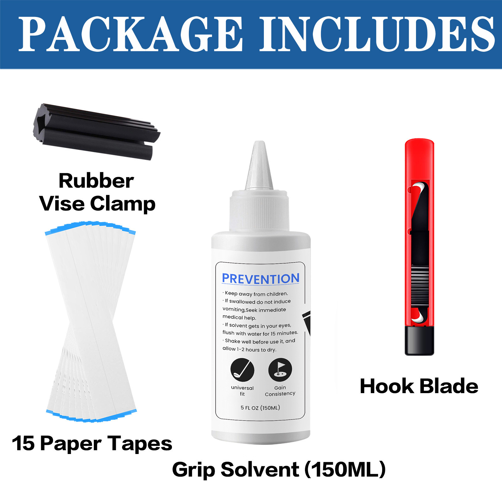 새로운 용액 1병 # 빨간 갈고리 칼 1개 # 고무 클램프 # 테이프 15개