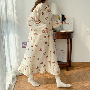 [Spot 3217] loose large size cotton gauze long sleeve nightgown spring and summer dress cherry dress for pregnant women