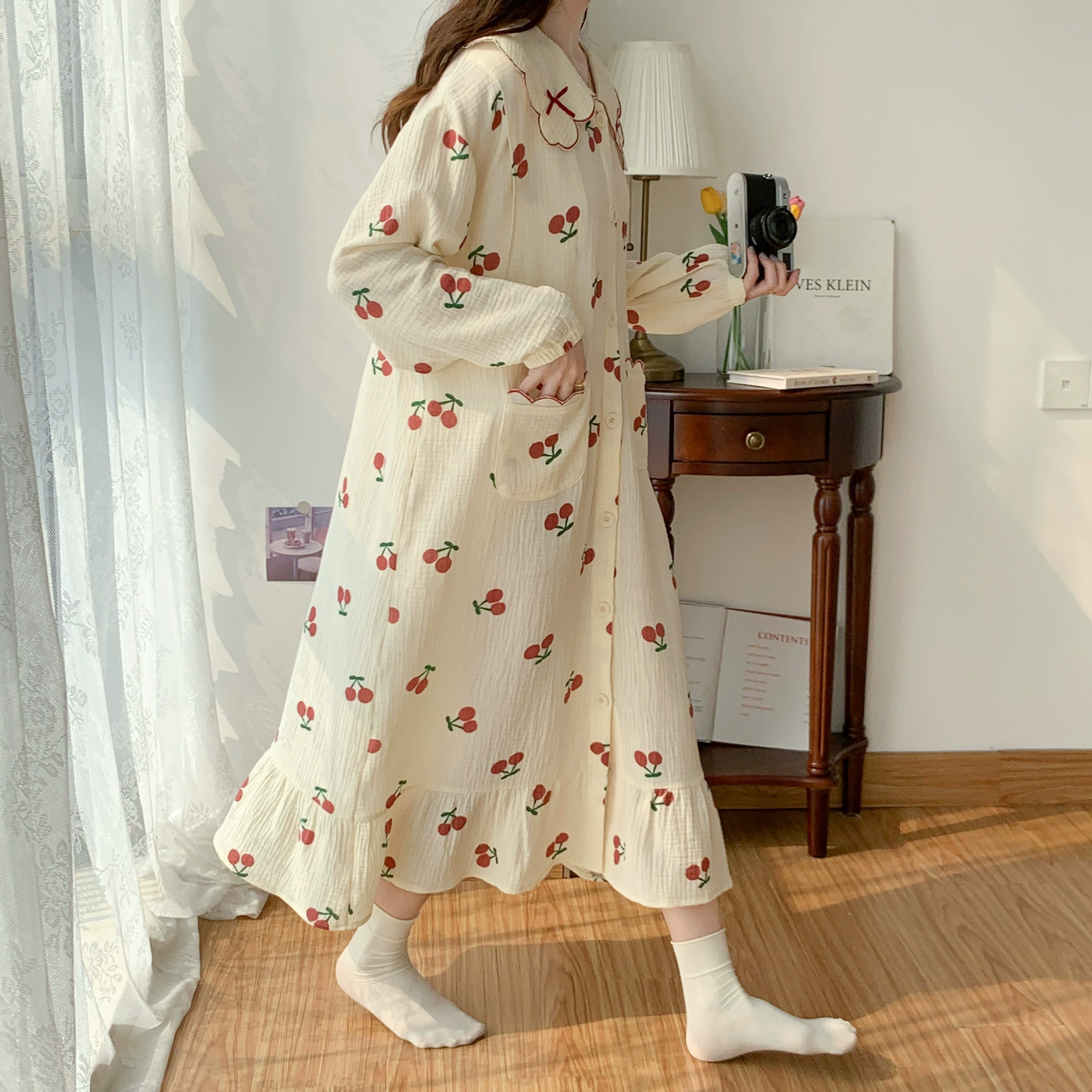 [In Stock 3217] Свободная хлопковая марлевая ночная рубашка больших размеров с длинным рукавом Весенне-летнее платье Вишневое платье для беременных