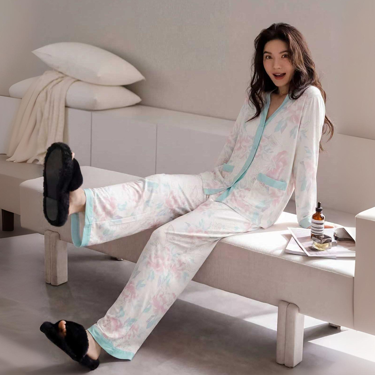 棉质睡衣女士2025新款春秋季牡丹花长袖和服可外穿国风家居服套装