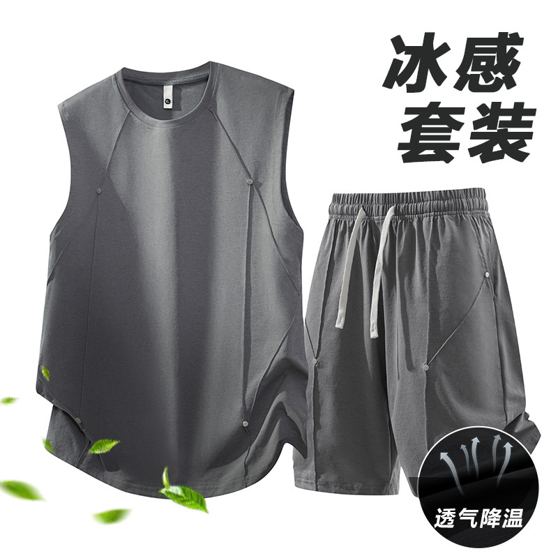 Summer Loose Casual Vest Men's Suit Black Rivet Vest Men's Sleeveless Shirt Shorts 2-Piece Set Summer Loose Casual Vest Men's Suit Black Rivet Vest Men's Sleeveless Shirt Shorts 2-Piece Set
