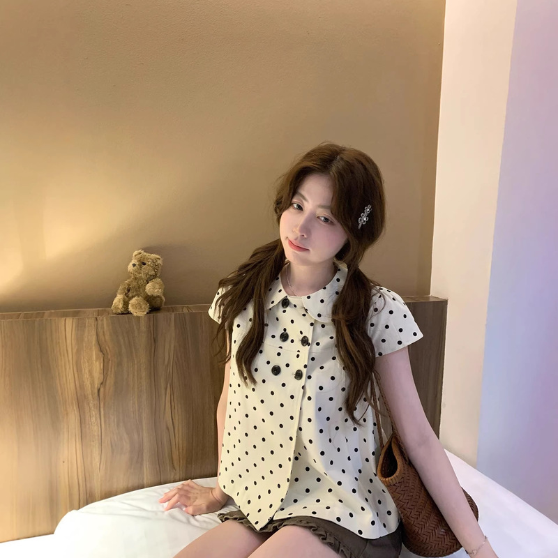Ptonumi Cookie Crumble Polka Dot Doll Collar Short Sleeve Shirt for Women, Summer Double-Breasted Sweet Versatile Top