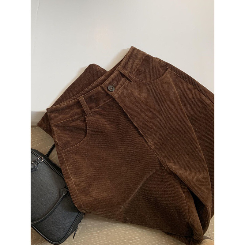 Highly Recommended! Brown Corduroy Slim Straight Pants Melad Outfit Corduroy Wide-Leg Long Pants for Women