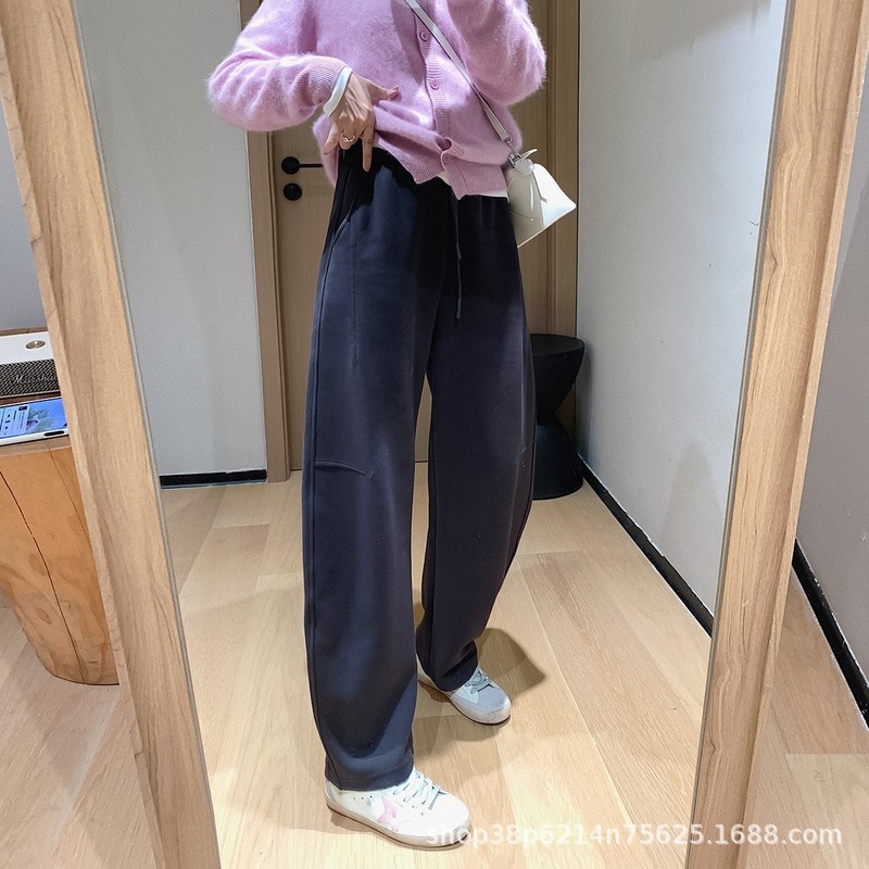 修腿黄金分割微弧廓形剪裁卫裤女秋宽松纯色休闲裤长裤直筒阔腿裤|undefined