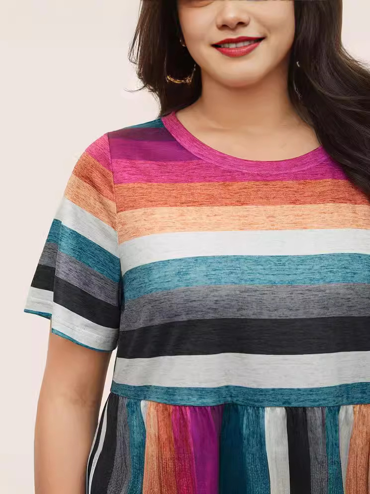 2024 Europa y los Estados Unidos verano nuevo tamaño de ropa de mujer fuente transfronteriza de color chaqueta a rayas casuales camiseta retro cómoda
