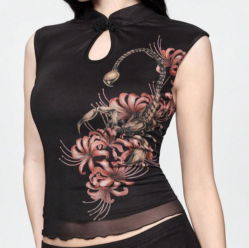 2026 New Gothic Style Cheongsam Set for Women with Dark Scorpion Print, New Chinese Style Spicy Girl Tank Top and Skirt 2026 New Gothic Style Cheongsam Set for Women with Dark Scorpion Print, New Chinese Style Spicy Girl Tank Top and Skirt