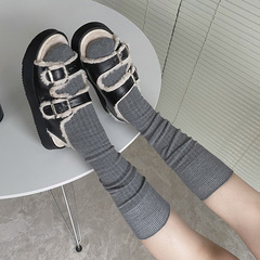 韓國老闆娘同款純色坑條小腿襪棉豎條紋顯瘦堆堆襪中筒襪靴襪子女