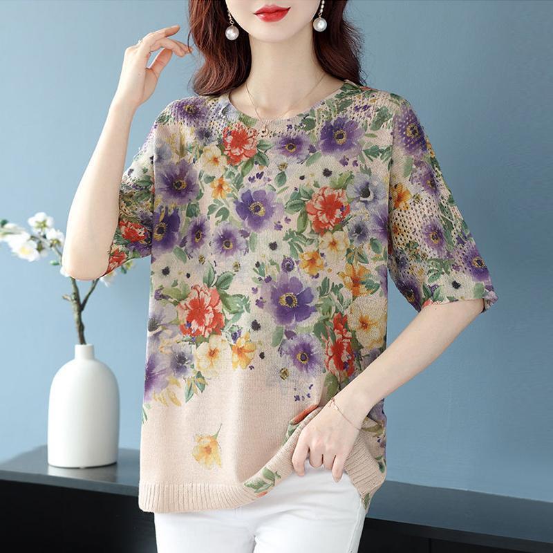 韩国麻洋气中年妈妈新中式宽松印花冰丝上衣镂空短袖针织衫T恤