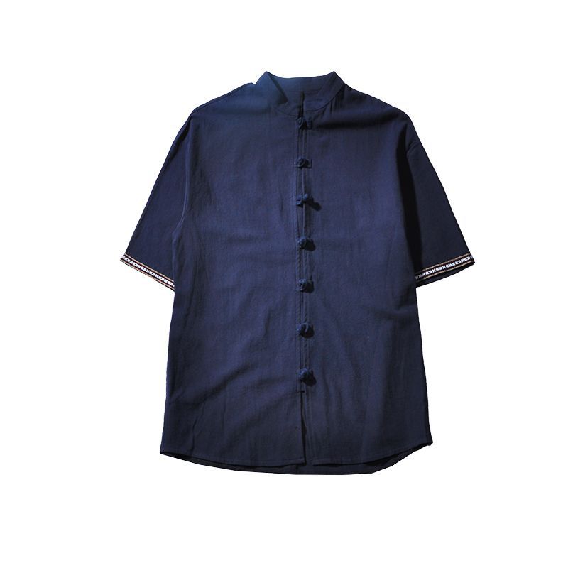Lino de manga corta Camisa de los hombres de estilo chino hebilla Tang traje de manga cinco cuartos ropa estilo retro juventud estilo chino abrigo de moda