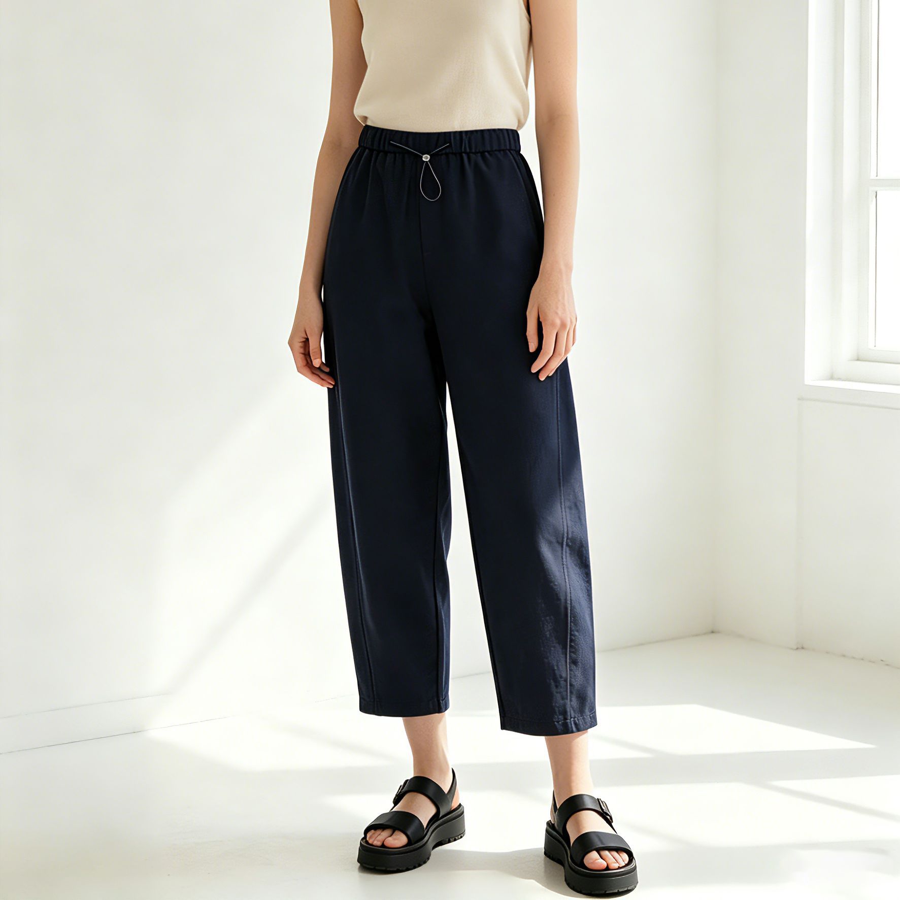 Quần culottes nữ ống rộng cạp chun rút dây dáng lười — Xanh lông mòng đen chi tiết 2