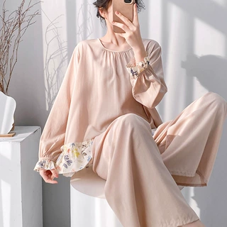 甜美公主风花边纯色棉绸睡衣女士套头宽松舒适家居服长袖长裤套装