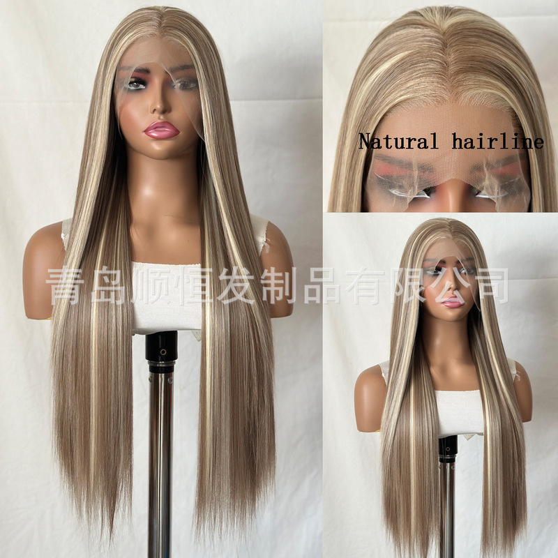 European and American wig female long hair front lace brown highlight golden COS high simulation matte high temperature silk factory wholesale