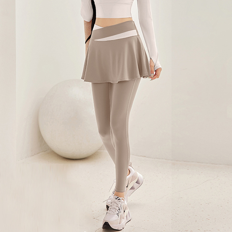 High-Waisted Butt-Lifting Tight-Fitting Nude-Feel Hip-Covering Faux Two-Piece Pants Skirt Gym Pilates Training Yoga Pants Sports Running