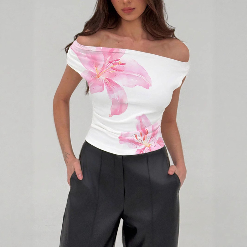 2025 New Elegant Casual Slim Pink Floral Print Asymmetric Pleated Asymmetric Neckline Women's Shirt