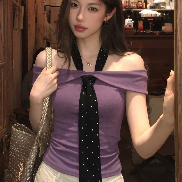 【In Stock】Sweetheart Pure Desire Hot Girl Polka Dot Tie Off-Shoulder T-Shirt with Halter Neck Design and Ruched Slimming Top