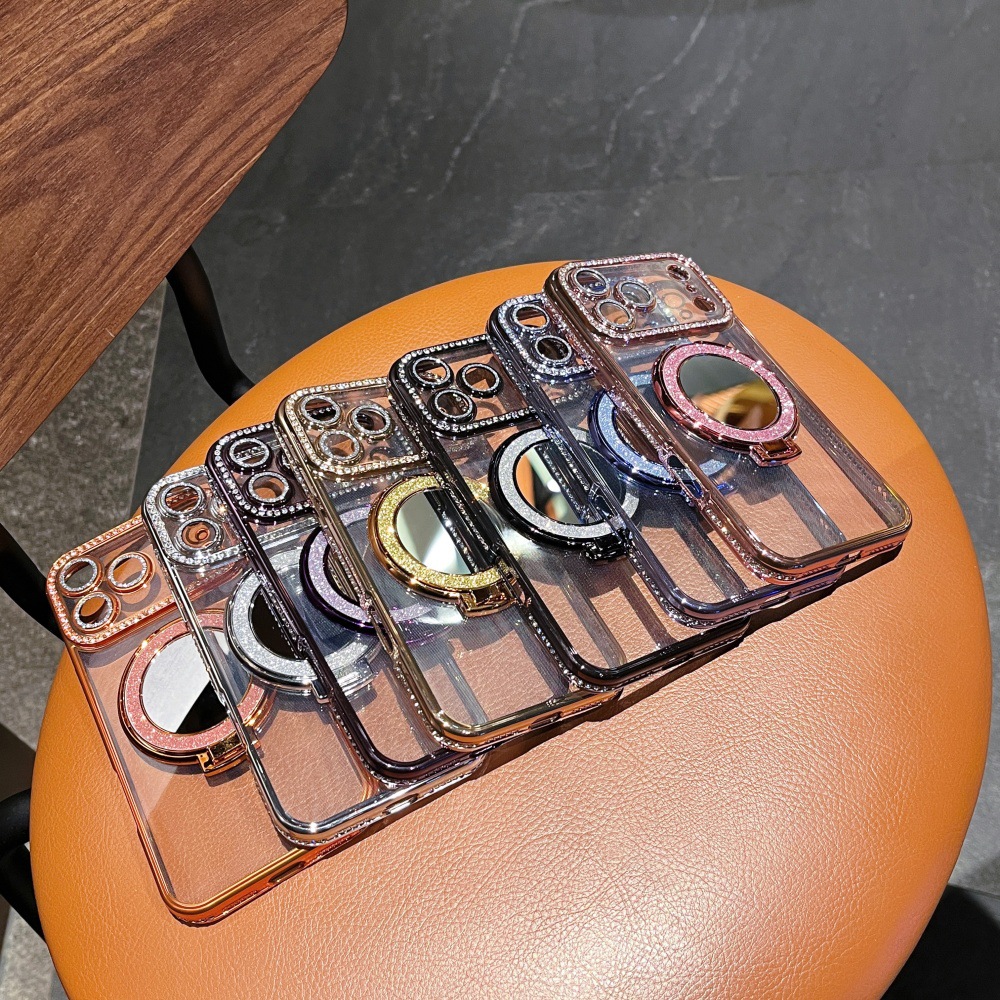 Square Diamond + Glitter Ring Mirror Stand Suitable 17 Pro Max Phone Case, New Model For IPhone 16/15/14_voghion.com