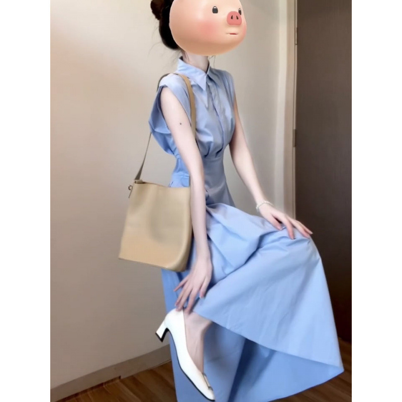 French Sweet and Fresh Blue Sleeveless Shirt Dress Summer New Waist Slimming Commuter Simple Mid-Length Skirt