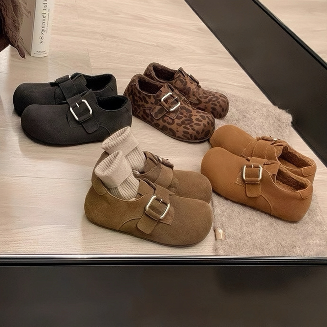 牛皮~葡萄ma同款内增高4cm豹纹加绒毛毛单鞋勃肯鞋女秋冬保暖棉鞋