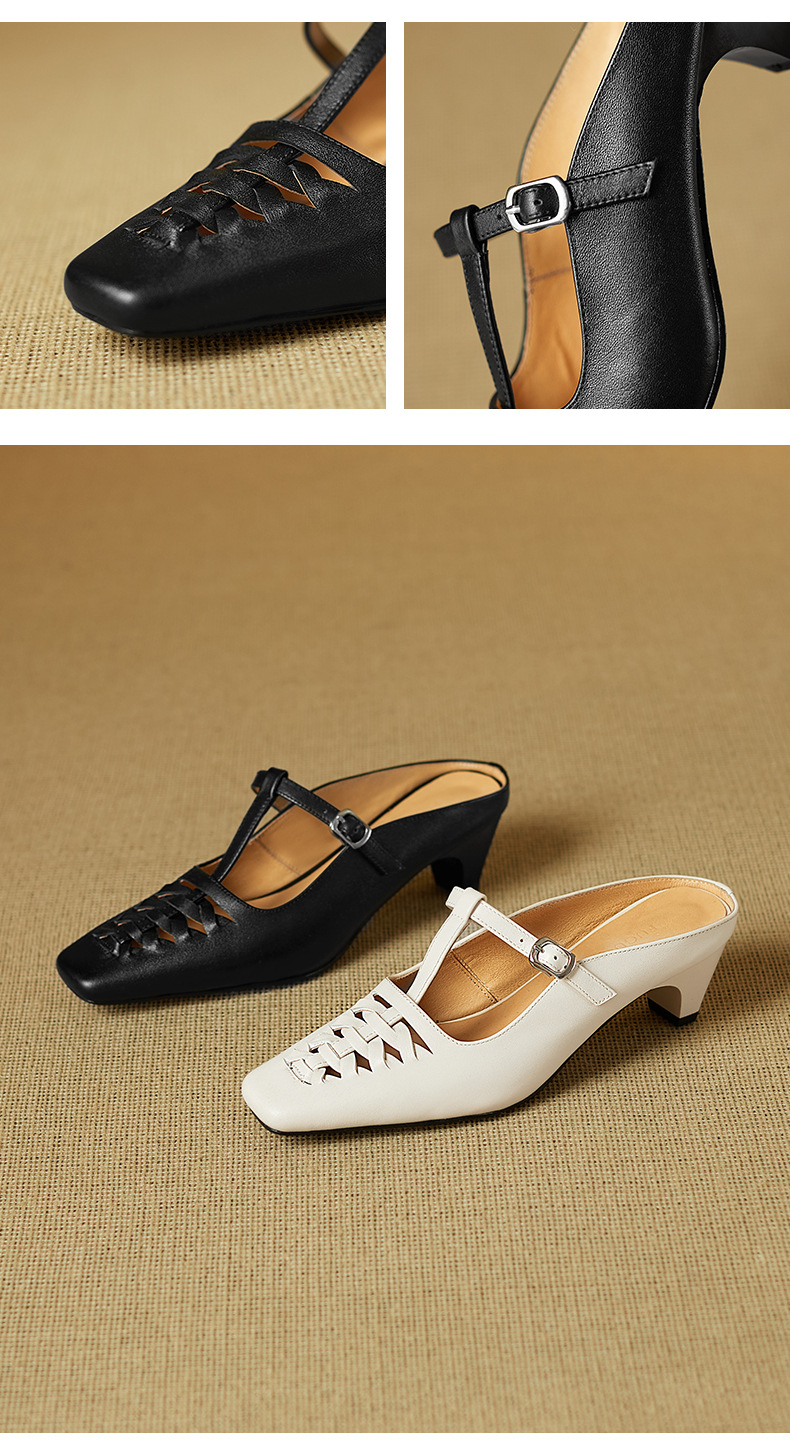 Sandal nữ gót thô 5 cm mũi vuông kiểu dệt vintage, quai chữ T bọc đầu — đen chi tiết 9