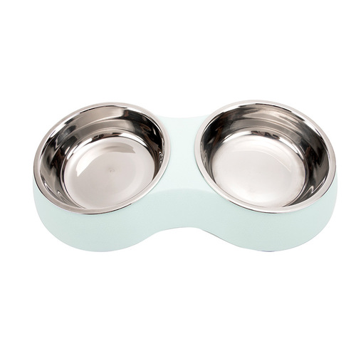 Pet Stainless Steel Double Bowl Dog Feeding Supplies Macaron Color Leather Texture Cat Bowl Oval Simple Double Bowl Wholesale