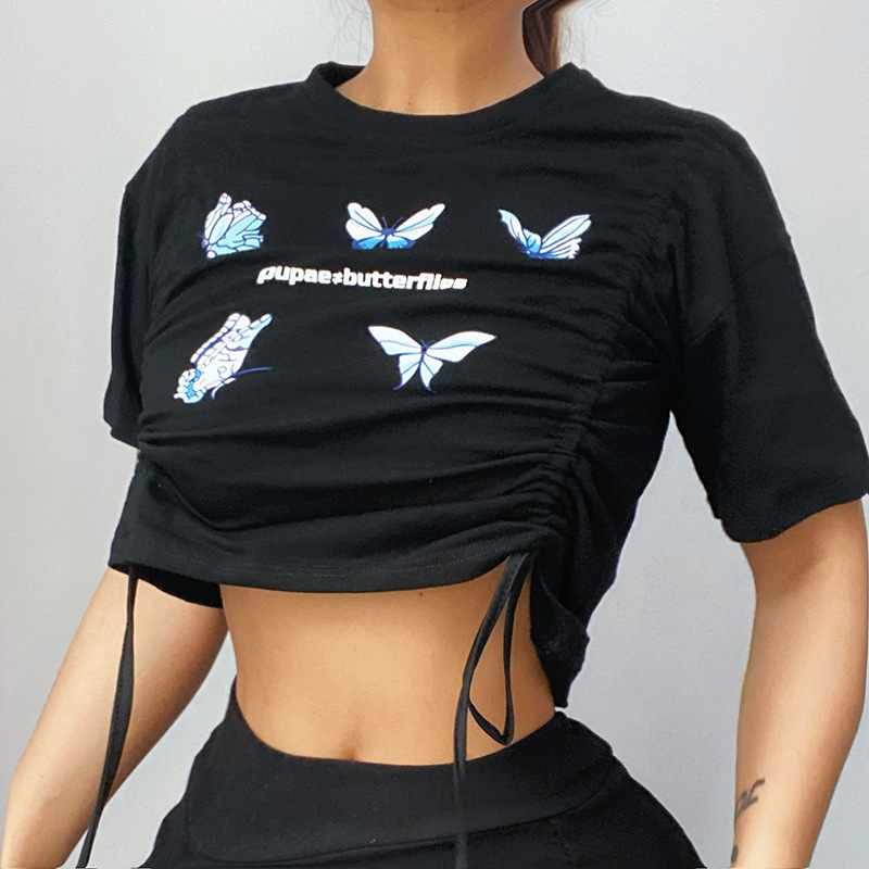 Butterfly Print Double Straps Round Neck Short Sleeve Cropped T-Shirt NSGYB111778