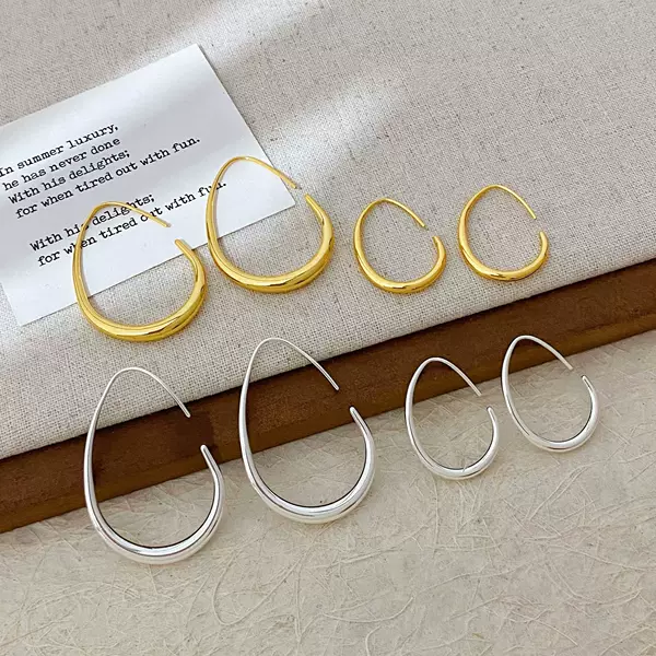 Copper Gold-Plated Hong Kong Style Waterdrop-Shaped Plain Hoop Earrings for Women, New Niche Minimalist High-End Light Luxury Hoop Earrings Trendy