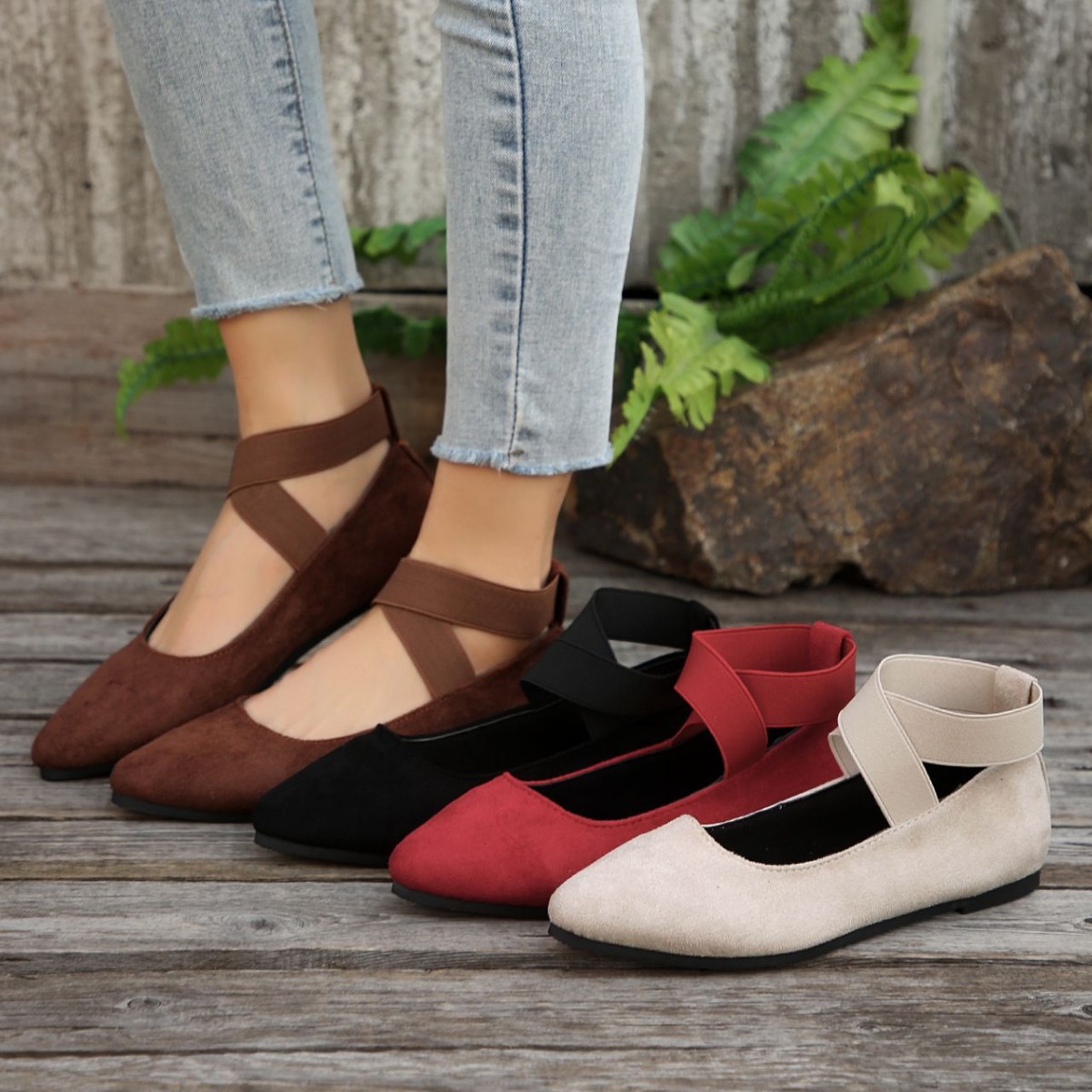 아마존, 중년 엄마를위한 탄성 크로스 스트랩 라운드 토 플랫 슈즈 플러스 사이즈 동남아시아 캐주얼 얕은 여성 싱글 슈즈