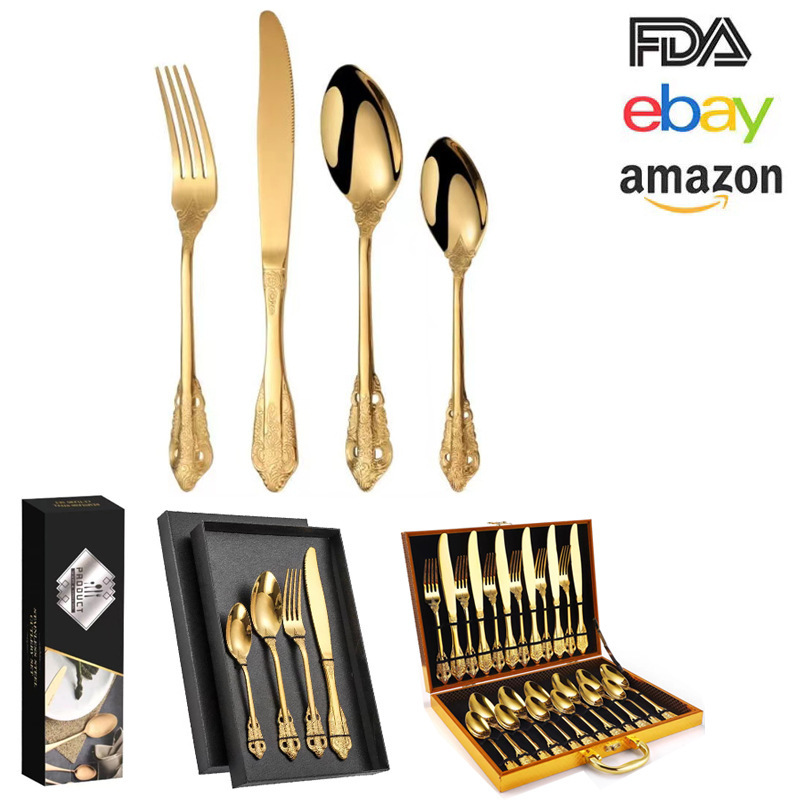 Amazon Cross-Border Vintage Embossed Cutlery Set 24-Piece Gift Box Palace-Style Home Hotel Knife Fork Spoon Western-Style