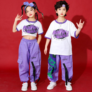 Purple Hiphop dance costumes for girls street jazz  rapper singers dance outfits boys hip-hop dancing costumes girls games class jazz dance clothes