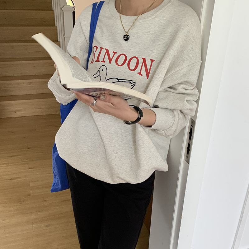 Big Sale Pure Cotton Duck Round Neck Sweatshirt for Women 2025 Spring Korean Style Ins Dongdaemun Style Loose Casual Top Si*O Big Sale Pure Cotton Duck Round Neck Sweatshirt for Women 2025 Spring Korean Style Ins Dongdaemun Style Loose Casual Top Si*O