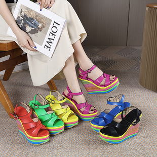 Cross-border 2024 summer Europe and the United States new rainbow slope heel fish mouth sandals women's buckle foreign trade wholesale women's shoes 34-43