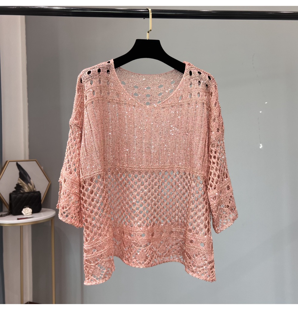 Frühling neue hohle Pailletten bluse mittellanger Strick pullover Goldthread helles Seiden-Sonnenschutz hemd – Detail 8