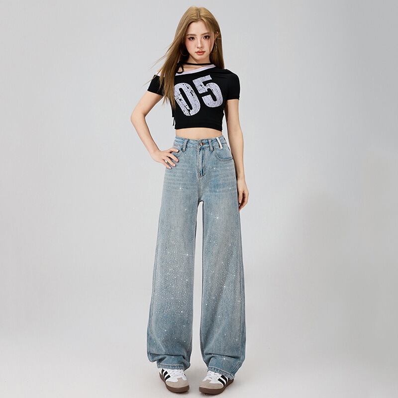 New light blue loose straight high street wide-leg denim floor-length pants for women with sparkling rhinestones New light blue loose straight high street wide-leg denim floor-length pants for women with sparkling rhinestones