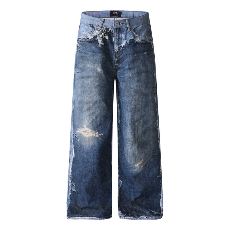 Trendy Brand Stone-Washed Whiskered 3D Ripped Fake Damage Patchwork Print Design High Street Style Washed Wide-Leg Jeans for Men and Women
