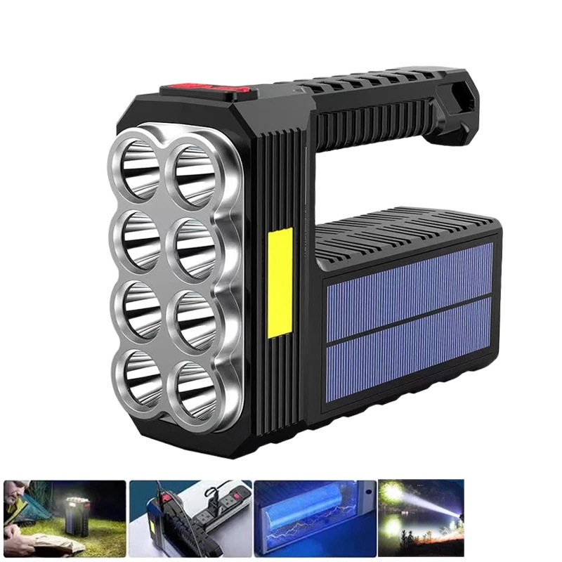 Nueva linterna solar recargable USB de luz fuerte, súper brillante, linterna LED de 8 cabezas, foco portátil de tiro a larga distancia