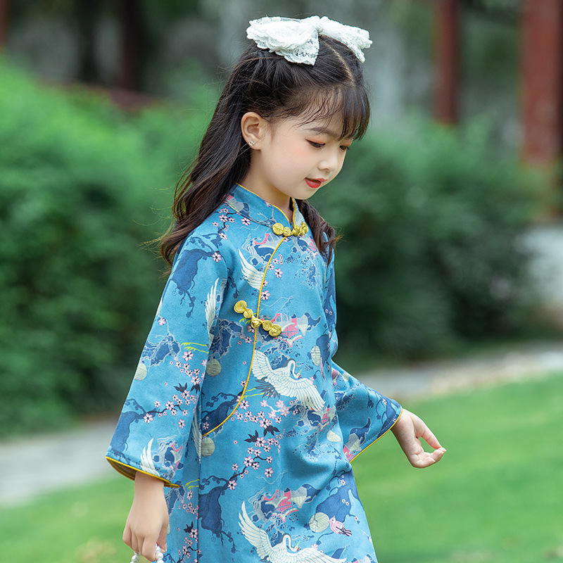 Children's cheongsam autumn girls' Chinese style improved costume dress girls' ethnic style buckskin Hanfu Tang suit