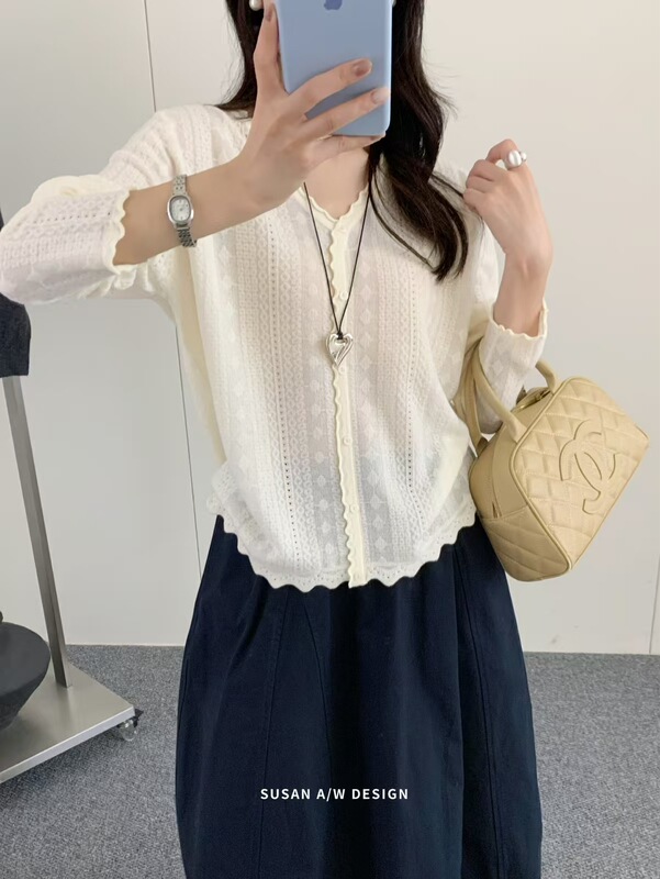 苏珊 2025新款韩系慵懒编织花朵边单排扣V领开衫上衣针织衫26998|undefined