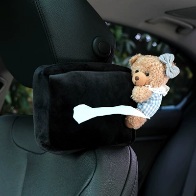 Cute Bear Car Tissue Box Car Tissue Cover Hanging Bag Seat Back Hanging Car Tissue Box Car Interior Decoration (Car tissue box/set) - bow-tie-blue-plaid-brown-bear-right-black-velvet-bag