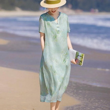 外贸原单女装剪标棉麻印花复古风连衣裙夏季新款宽松v领旗袍裙女