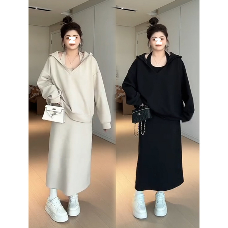 设计感挂脖刺绣真两件运动大码连帽卫衣辣妹连衣裙|undefined