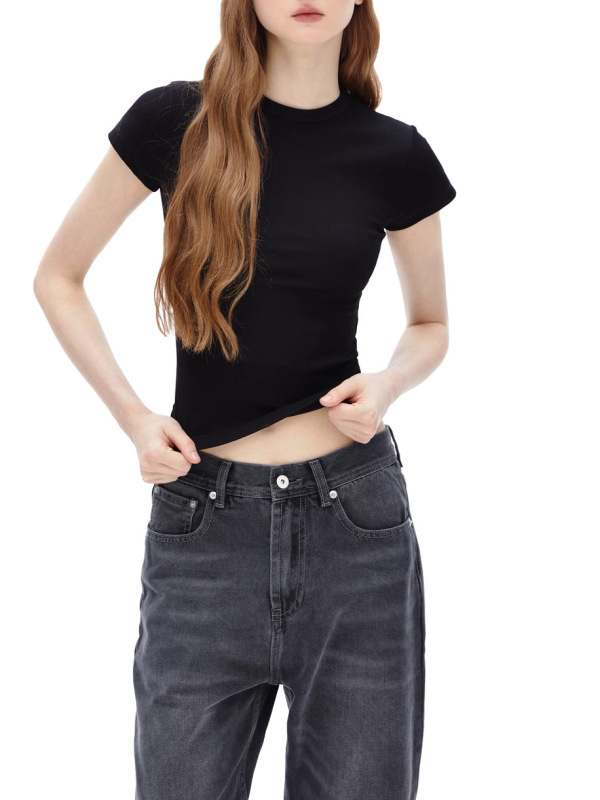 在庫あり スキムス フロントショルダー ラウンドネック モーダル Tシャツ レディース 夏 スリム アメリカン ホットガール スリム トップ ウエスト ショートスリーブ|undefined