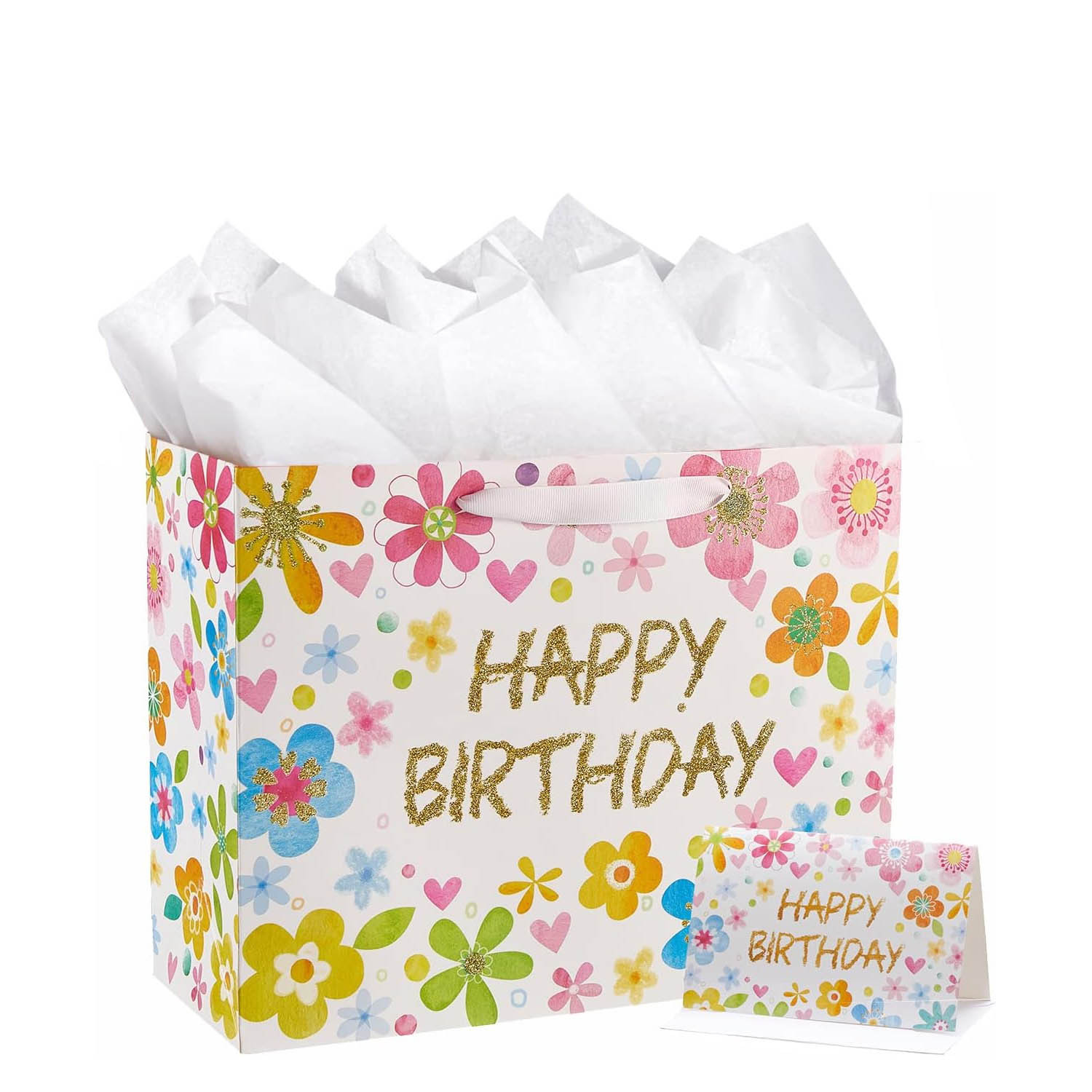 亚马逊款白卡鲜花生日快乐手提大号礼品纸袋卡通礼物白卡礼品袋子