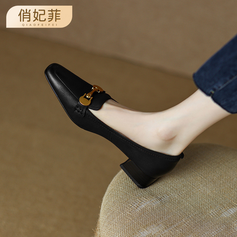 Soft Leather Inside and Out, Retro Genuine High-Heeled Shoes, Small Square Toe, Medium-Heeled Shoes, Thick Heels, Autumn New Style Women's Leather Shoes, Women's Shoes
