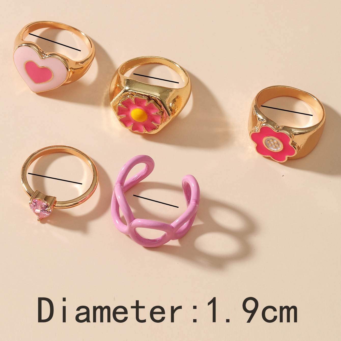 New Zircon Flower Heart Ring 5-piece Set Geometric Hollow Index Finger Ring Set display picture 1