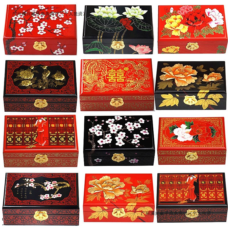 Pingyao полированная лаковая свадебная маленькая шкатулка для драгоценностей, три золотых, красных деревянных подарочных коробок для туалета, китайская высококачественная ретро-коробка